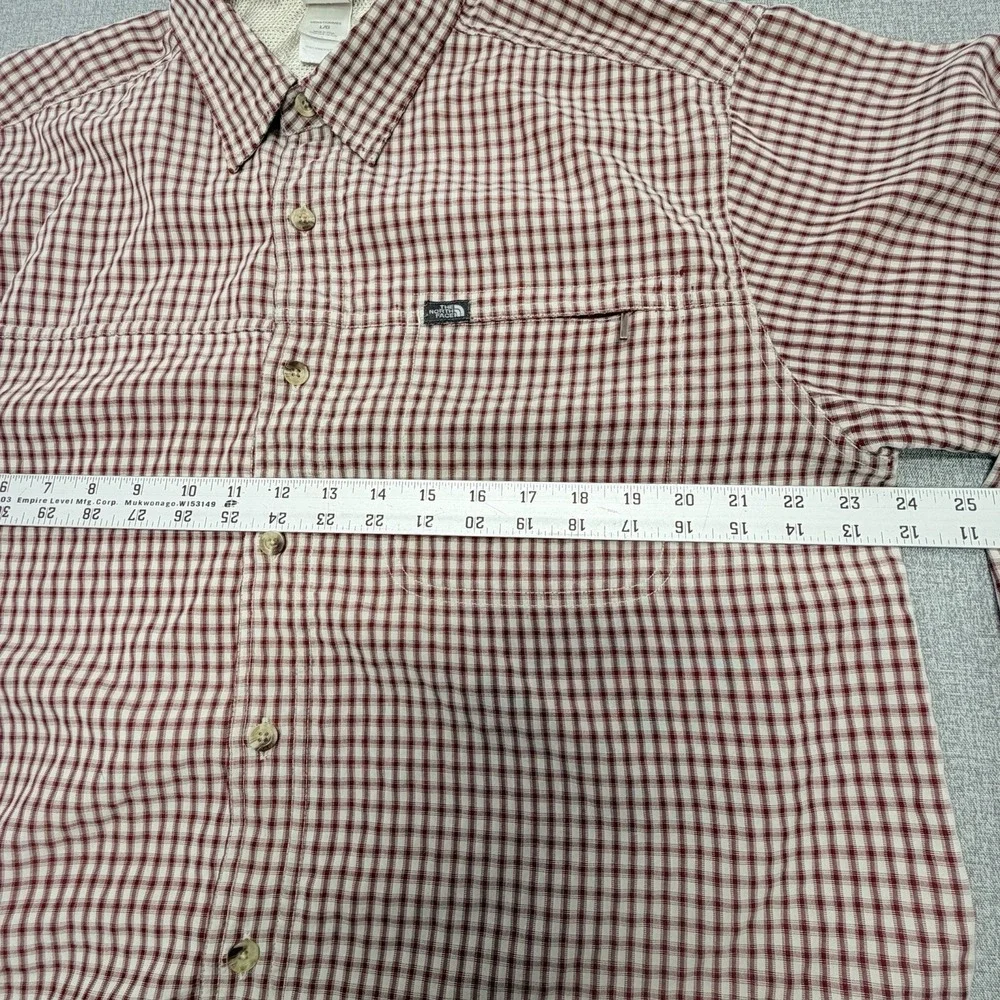 The North Face Button Down Flannel Shirt Red Plaid Mens LARGE Check Zip Pocket